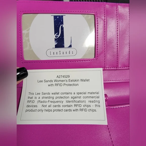 New-Beautiful Magenta/Pink Lee Sands Eelskin Wallet W/ RFID Protection - Picture 6 of 9
